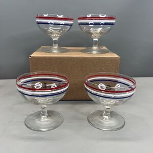VTG Clear Glass Sherbet Dessert Bowls Footed Dishes Red White Blue Accent Rims